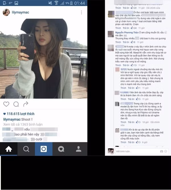 Trên Instagram của Lily Maymac, rất nhiều những dòng comment thiếu lịch sự đã được các cư dân mạng Việt nam đưa lên như: “Sao phải hèn vậy?” hoặc là “Bớt sống ảo đi em” khiến luồng tranh cãi nổ ra dữ dội.