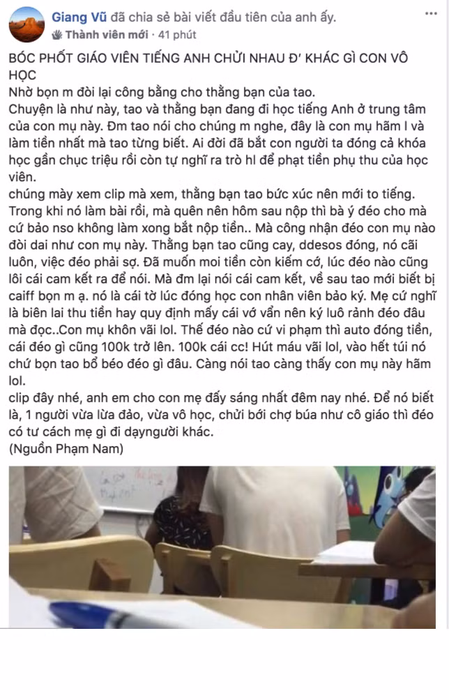 Nguyên văn bài chia sẻ của nickname Giang Vũ về vụ việc giáo viên tiếng Anh chửi học sinh như hàng tôm, hàng cá ngoài chợ.