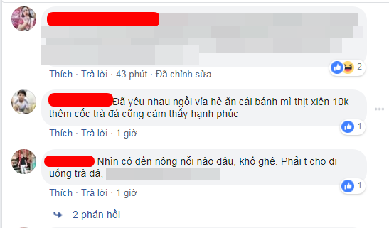 Cụ thể, nickname M.D cho biết: "Đã yêu nhau ngồi vỉa hè ăn cái bánh mì thịt xiên 10k thêm cốc trà đá cũng cảm thấy hạnh phúc" hay nickname T.D thì cho biết: "Nhìn có đến nỗi nào đâu, khổ ghê. Phải tôi cho đi uống trà đá.