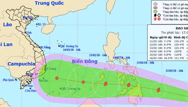 Bão Sanba di chuyển nhanh, hướng vào vùng biển phía Nam Biển Đông của nước ta. Ảnh: NCHMF