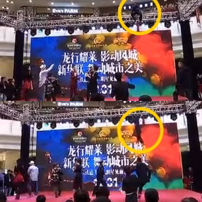 Thành Long (đội mũ trắng) bỏ đi ngay khi chứng kiến cảnh tượng hỗn loạn. Chính quyền địa phương còn cảnh cáo tài tử cùng ê-kíp sau sự cố này. Ảnh: Youku.