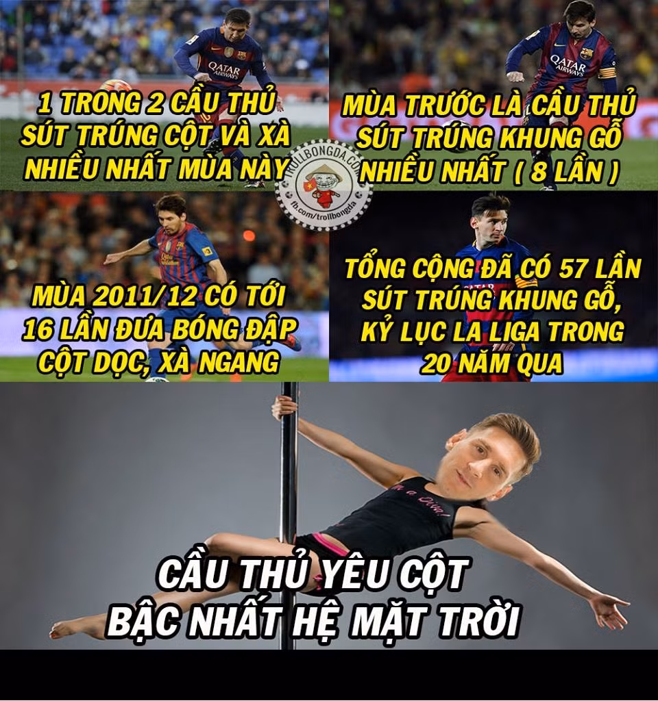 Messi là cầu thủ mê cột và xà của khung thành đối phương nhất chính vì vậy mà cư dân mạng đã chế ảnh hài hước, đặt cho anh cái tên "cầu thủ yêu cột bậc nhất hệ mặt trời".