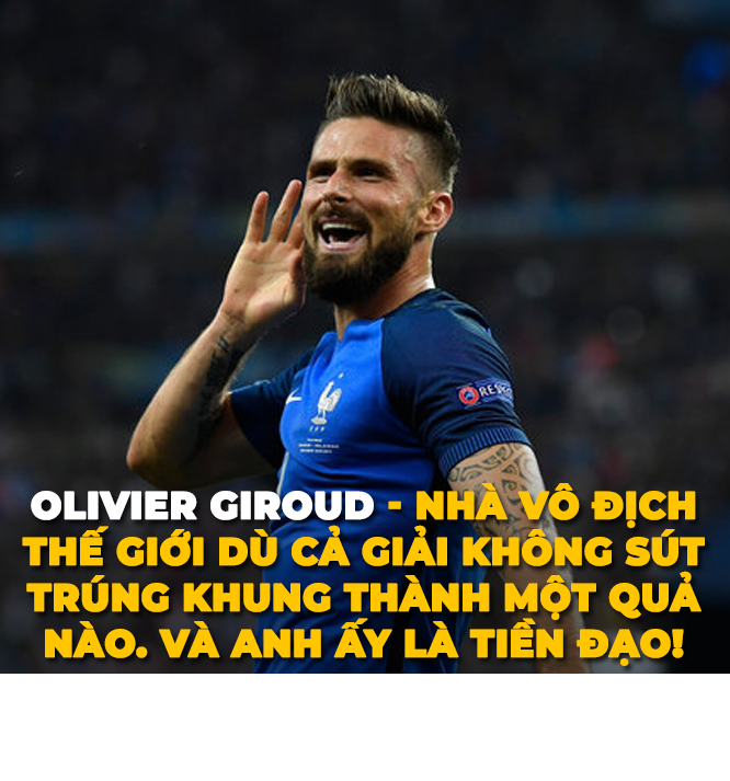 Giroud trở thành nhà vô địch World Cup bá đạo nhất lịch sử, thân làm tiền đạo nhưng cầu thủ này không hề sút trúng đích bất cứ tình huống nào. Dù cầu thủ đang thi đấu cho Chelsea được ra sân chọn vẹn 6/7 trận đấu của ĐT Pháp.