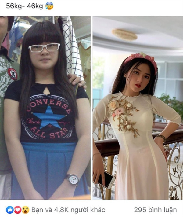 Trần Ngọc Hân (SN 2002, sống tại Quy Nhơn – Bình Định). Trước khi sở hữu gương mặt thanh tú và thân hình cân đối như hiện tại, cô nàng 10X này từng có quá khứ "kém sinh" với làn da ngăm ngăm đen và cân nặng 56kg.