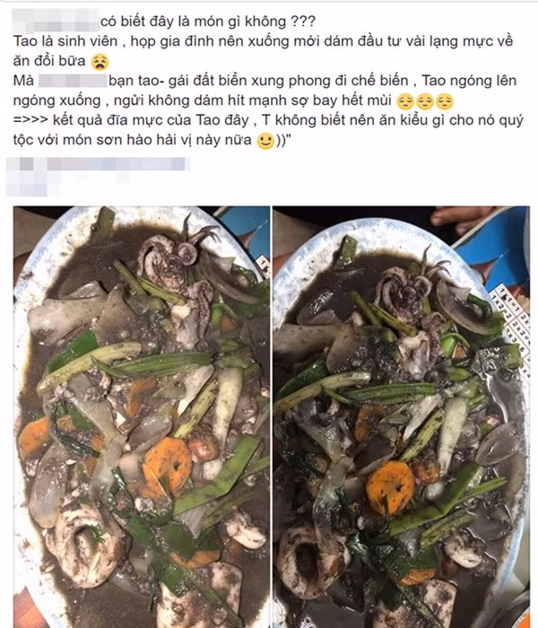 Chẳng là cô gái sinh viên vụng về quên không bỏ túi mực trong quá trình sơ chế khiến món mực xào đầy nước đen đục. Có lẽ các loại rau củ xào chung cũng vì thế mà không giữ được màu sắc tươi tắn.