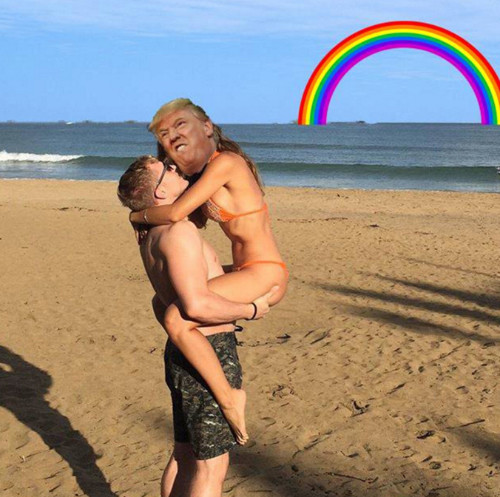 Mặc dù đã không còn hai quả núi vô duyên kia nhưng thay vào đó cầu vồng và khuôn mặt của Donald Trump.