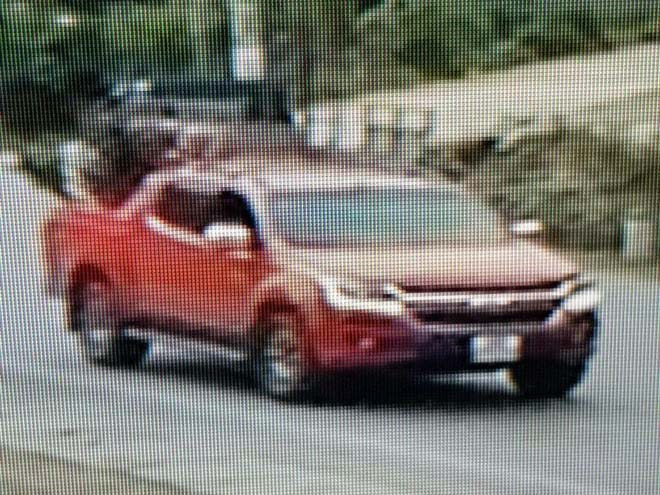 Chiếc xe bán tải màu đỏ bị tình nghi đã thực hiện vụ trộm cây hồng cổ tại Sơn La.