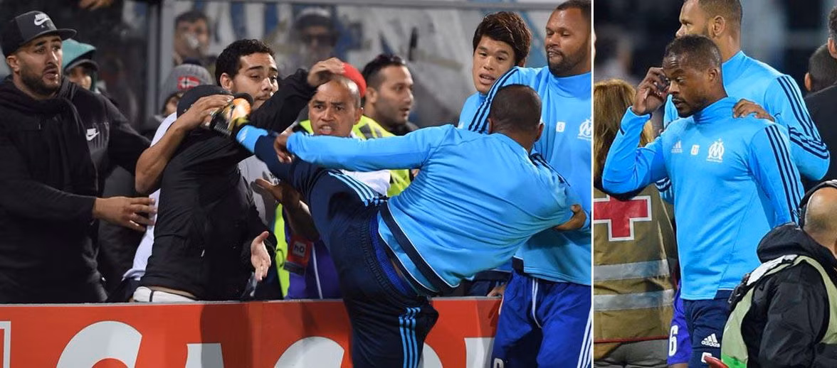 Cựu sao M.U tung đòn vào đầu CĐV. Cựu danh thủ của M.U Patrice Evra đã tung chân đá vào đầu một cổ động viên trước trận đấu giữa Marseille với Vitoria Guimaraes tại Europa League. Thay vì tránh đối đầu, Evra chạy về phía một người hâm mộ và tung một cú đá vào đầu anh ta. Kết quả là cựu tuyển thủ Pháp bị đuổi vì hành động này khi có tên trong danh sách dự bị của trận đấu.