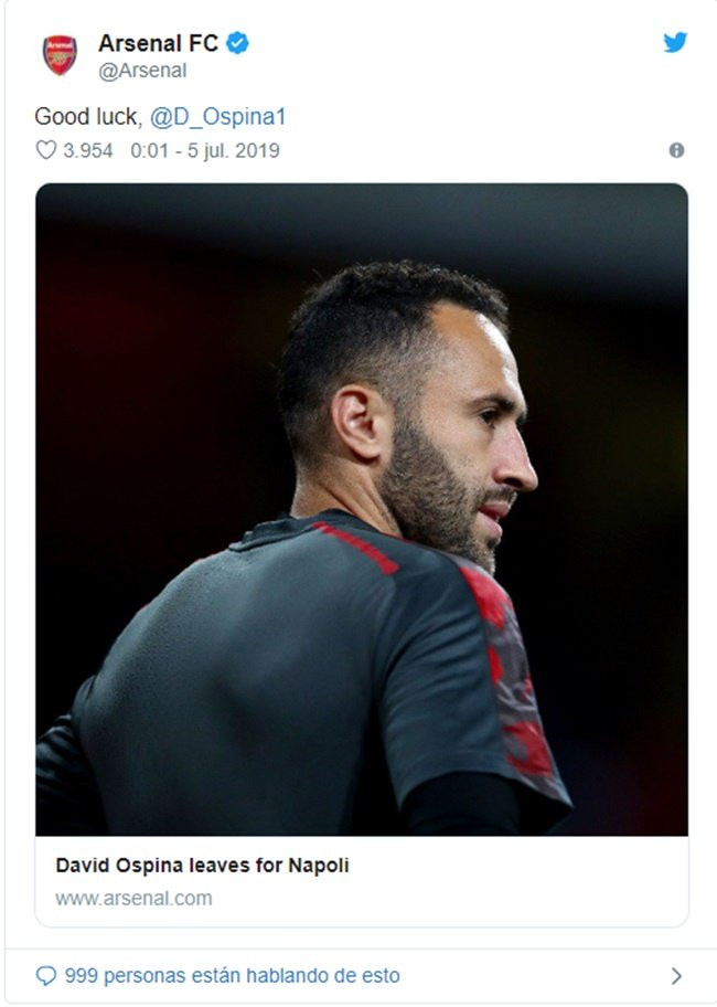 Petr Cech không phải là thủ môn duy nhất Arsenal chia tay vào mùa hè này. Bởi "Pháo thủ" vừa đẩy đi một người gác đền khác đó là David Ospina cho Napoli với mức phí 3.5 triệu euro.