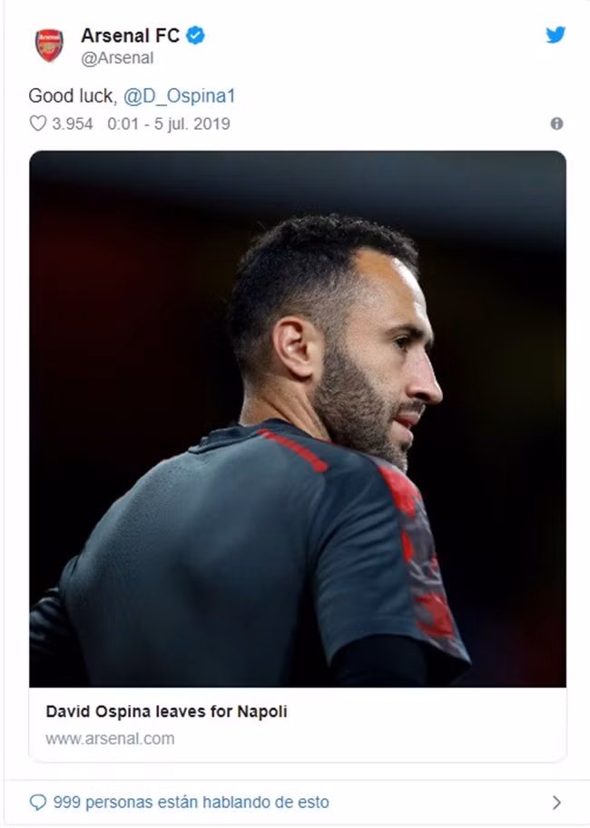 Petr Cech không phải là thủ môn duy nhất Arsenal chia tay vào mùa hè này. Bởi "Pháo thủ" vừa đẩy đi một người gác đền khác đó là David Ospina cho Napoli với mức phí 3.5 triệu euro.