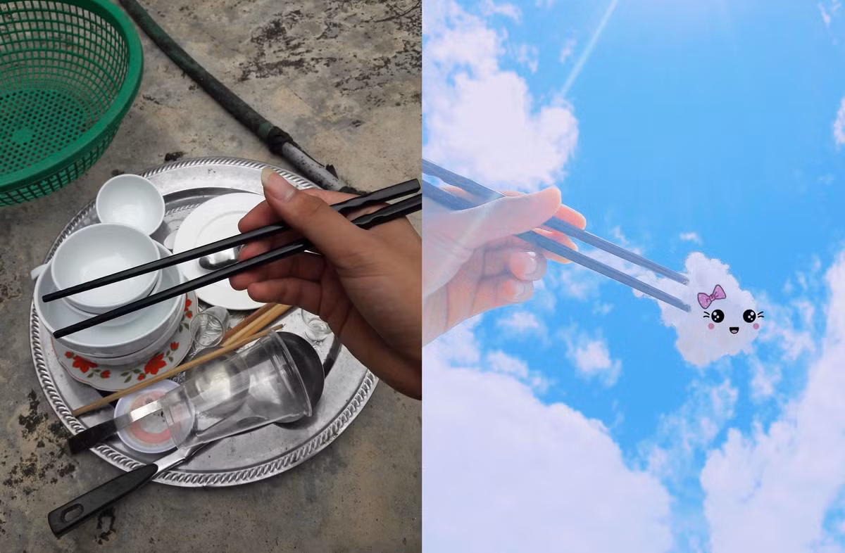 Sau khi rửa cả mâm bát đũa xong cậu bạn đã dùng photoshop để tạo ra những bức ảnh vô cùng dễ thương. Ngoài những đạo cụ độc đáo sẵn có trong mâm bát, Tuấn Anh còn mượn mây để "diễn sâu".