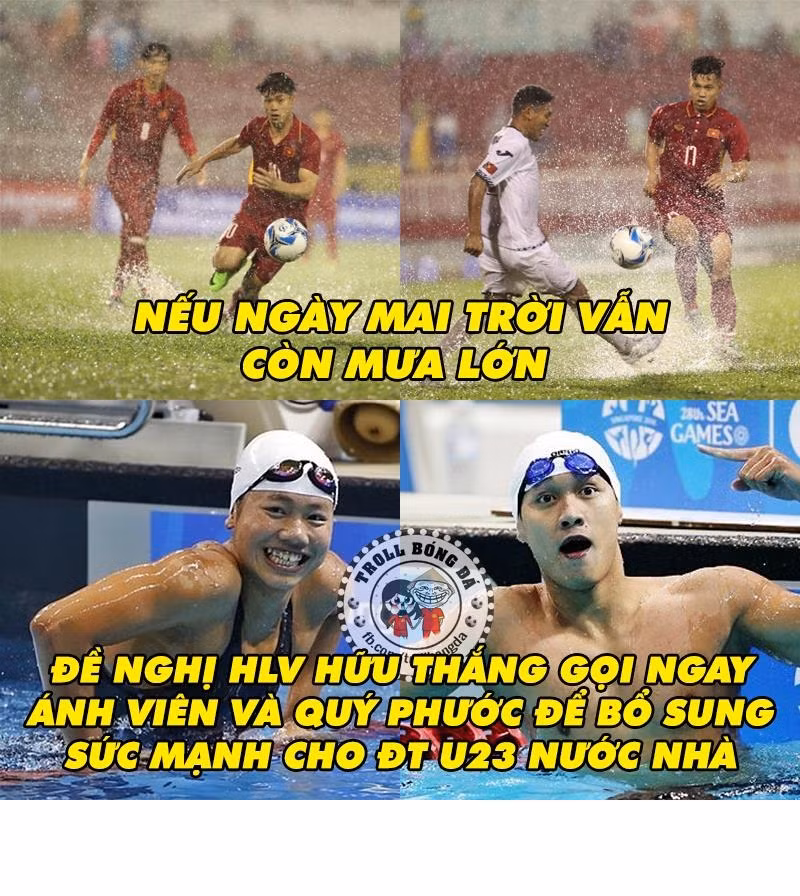 Như đã biết TP HCM trong những ngày tháng 7 là đỉnh điểm của mùa mưa nhưng chẳng hiểu sao, lãnh đạo LĐBĐ Việt Nam lại chọn Thống Nhất là sân đấu chính thức và dân mạng đã tạo ra bức ảnh chế một chiếc bể bơi cho các cầu thủ Việt Nam ngụp lặn.