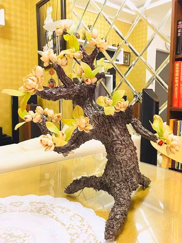 Một cành cây nở hoa từ vỏ hạt dẻ cười.