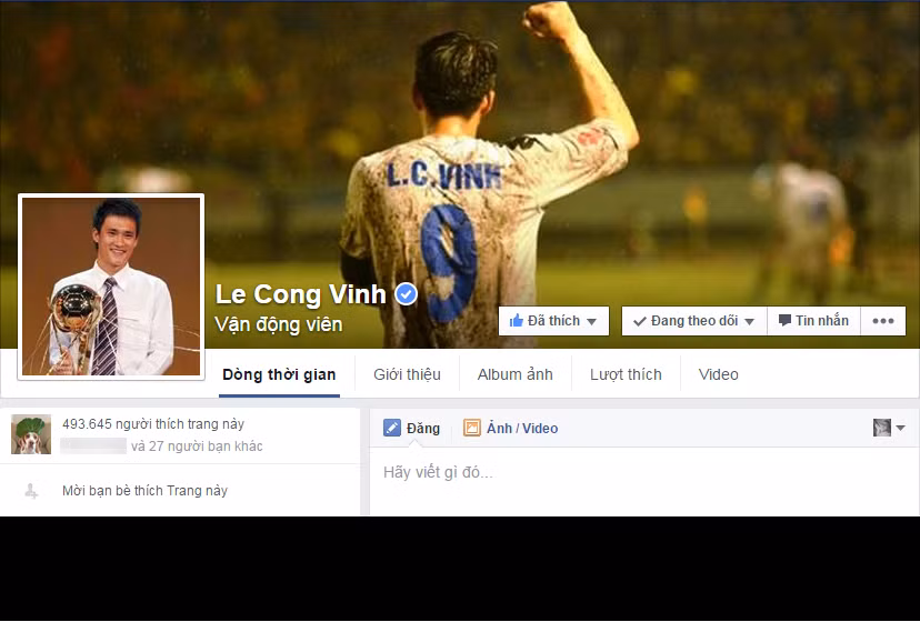 Xếp sau Công Phượng là người đàn anh trên ĐT Việt Nam - Lê Công Vinh. Chân sút của B.Bình Dương có 493.645 NHM theo dõi Facebook của mình.