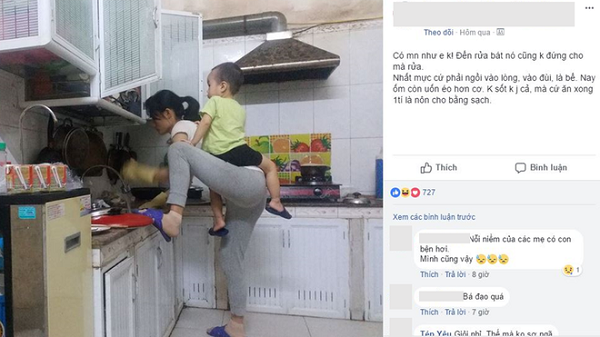Việc vừa nấu cơm, vừa chăm con là điều mà hầu như bà mẹ bỉm sữa nào cũng đã từng phải làm. Nhưng kể từ khi một bài đăng: "Có ai như em không, đến rửa bát cũng không yên" thì hội bà mẹ bỉm sữa được dịp tung những bức ảnh 'kể khổ' khi có con nhỏ