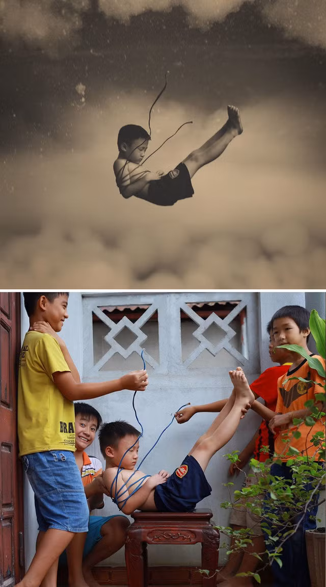 Ai ngờ được rằng, bức ảnh hậu kì "Quấn dây điện thả giữa không gian" lại được thực hiện một cách thủ công như vậy. Ảnh trong bài: Sưu tầm Facebook.