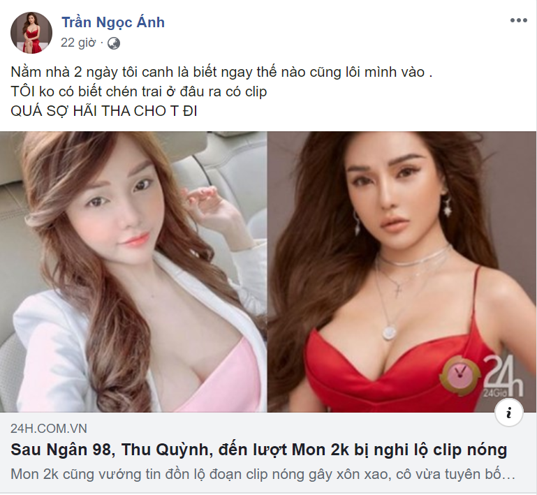Trên trang cá nhân của mình, Mon 2k còn đăng tải bài báo viết về vụ nghi lộ clip nóng của mình với những ngôn từ khá gay gắt: "Nằm nhà 2 ngày tôi canh là biết ngay thế nào cũng lôi mình vào . Tôi không có biết ... trai ở đâu ra có clip quá sợ hãi tha cho tôi đi".