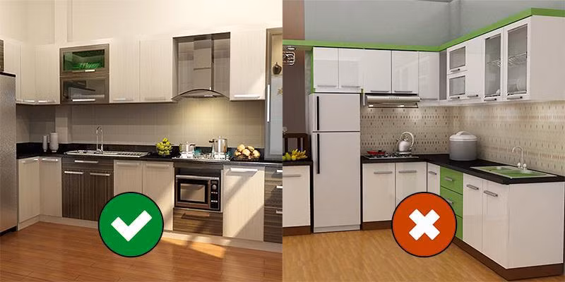 Bạn có thể bố trí một bàn bếp rộng ngăn cách giữa bếp nấu với bồn rửa, hoặc tách bồn rửa, bếp nấu riêng rẽ, như vậy sẽ khiến nhà cửa thuận hòa, cuộc sống yên ấm. 