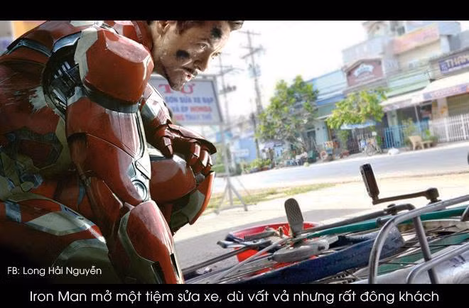 Khi đến Việt Nam, người sắt (Iron Man) với cánh tay sắt cực khỏe của mình được cho là phù hợp với nghề sửa xe. Theo nhiều cư dân mạng, nghề nghiệp này tuy có vất vả cho siêu anh hùng kim loại này nhưng chắc chắn cửa hàng của anh sẽ vô cùng đông khách.