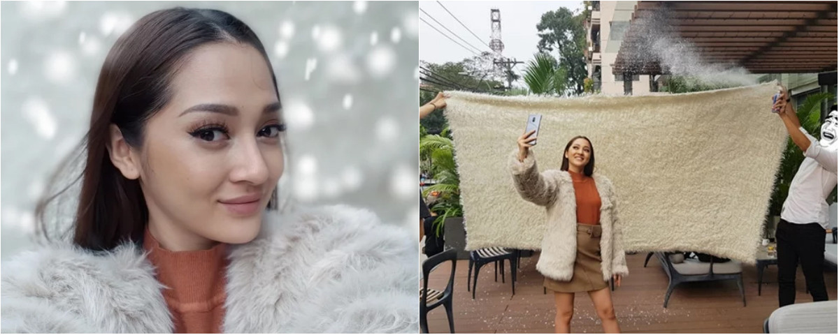 Bảo Anh lung linh với áo lông và tuyết rơi. Tuy nhiên, nhìn vào hậu trường thì ai cũng phải té ngửa vì bất ngờ.