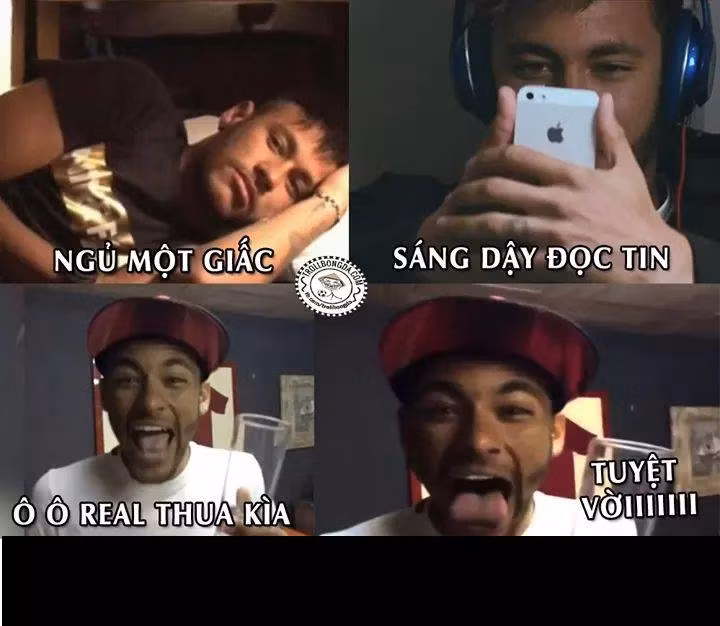 Neymar (cầu thủ của Barca) thể hiện niềm vui khi biết Real Madrid thất bại.