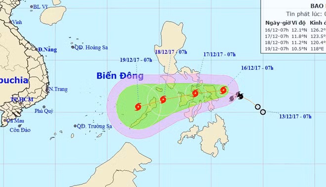 Hướng di chuyển của bão Kai Tak. Ảnh: Cắt clip dự báo thời tiết.