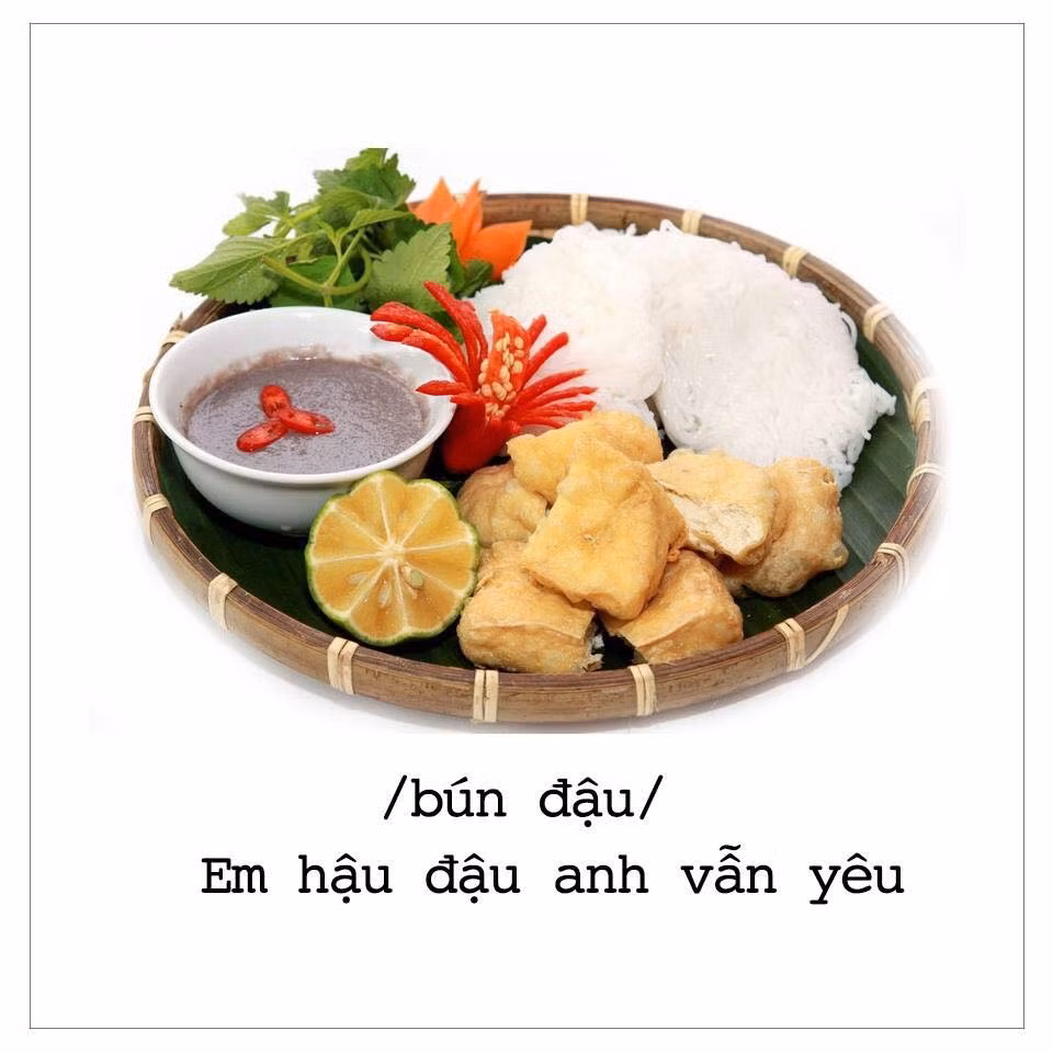 Món bún đậu dù mùi mắm tôm không phải ai cũng ngửi được nhưng cũng là chủ đề được nhắc tới trong bộ ảnh thả thính bằng đồ ăn.