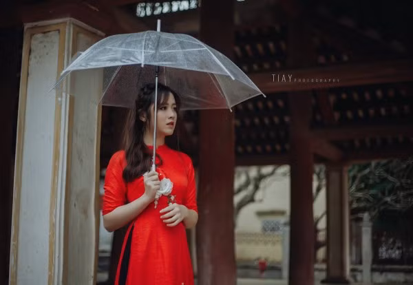 Với những ngày Tết thì bộ ảnh trong chiếc áo dài đỏ hoặc vàng với các họa tiết đào, mai được các bạn trẻ chọn lựa rất nhiều. Nó mang không khí Tết tràn ngập các bức ảnh.