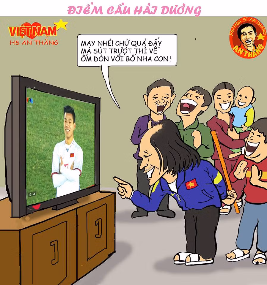 Trong khi ấy, ở điểm cầu Hải Dương, phụ huynh của tuyển thủ Vũ Văn Thanh cũng đang hồi hộp , lo lắng không kém. Trước cú đá phạt 11m của con mình, ông đã lẩm bẩm trước tivi rằng " sút luân lưu mà không vào là về cho no đòn "