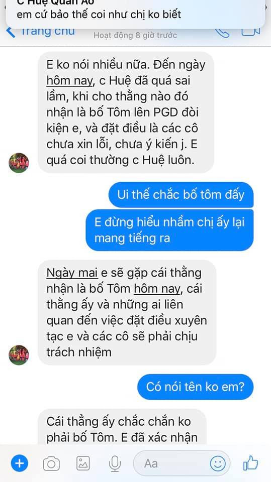 Tuy nhiên tình tiết của vụ việc trở nên xấu đi khi chị H. cũng đưa thêm những bức ảnh chụp đoạn tin nhắn của người phụ nữ tên V.V và nhân vật được cho là hiệu trưởng cùng với lời lẽ đại ý sẽ có đủ điều kiện "tiếp" gia đình nếu muốn làm căng sự việc.