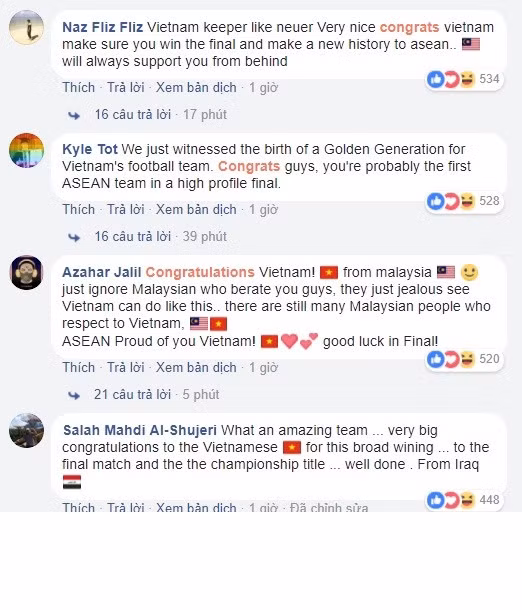 Nickname đến từ Thái Lan có tên Teerasuk Lipunong đã không ngần ngại khẳng định rằng niềm tự hào chung chung của cộng đồng Đông Nam Á chính là Việt Nam. Còn người dùng mạng Sayed Hussein không kìm nổi niềm hạnh phúc, chia sẻ: " "Không thể tin được! Quá ấn tượng! Quá phi thường! Quá tuyệt vời! Đó chính là các cầu thủ U23 Việt Nam".