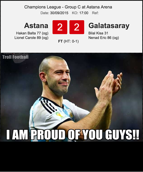 Trận đấu giữa Astana và Galatasaray đã có tới 3 bàn thắng được ghi từ những pha phản lưới nhà. Đây được coi là một trận đấu khá nực cười tại vòng đấu vừa qua.