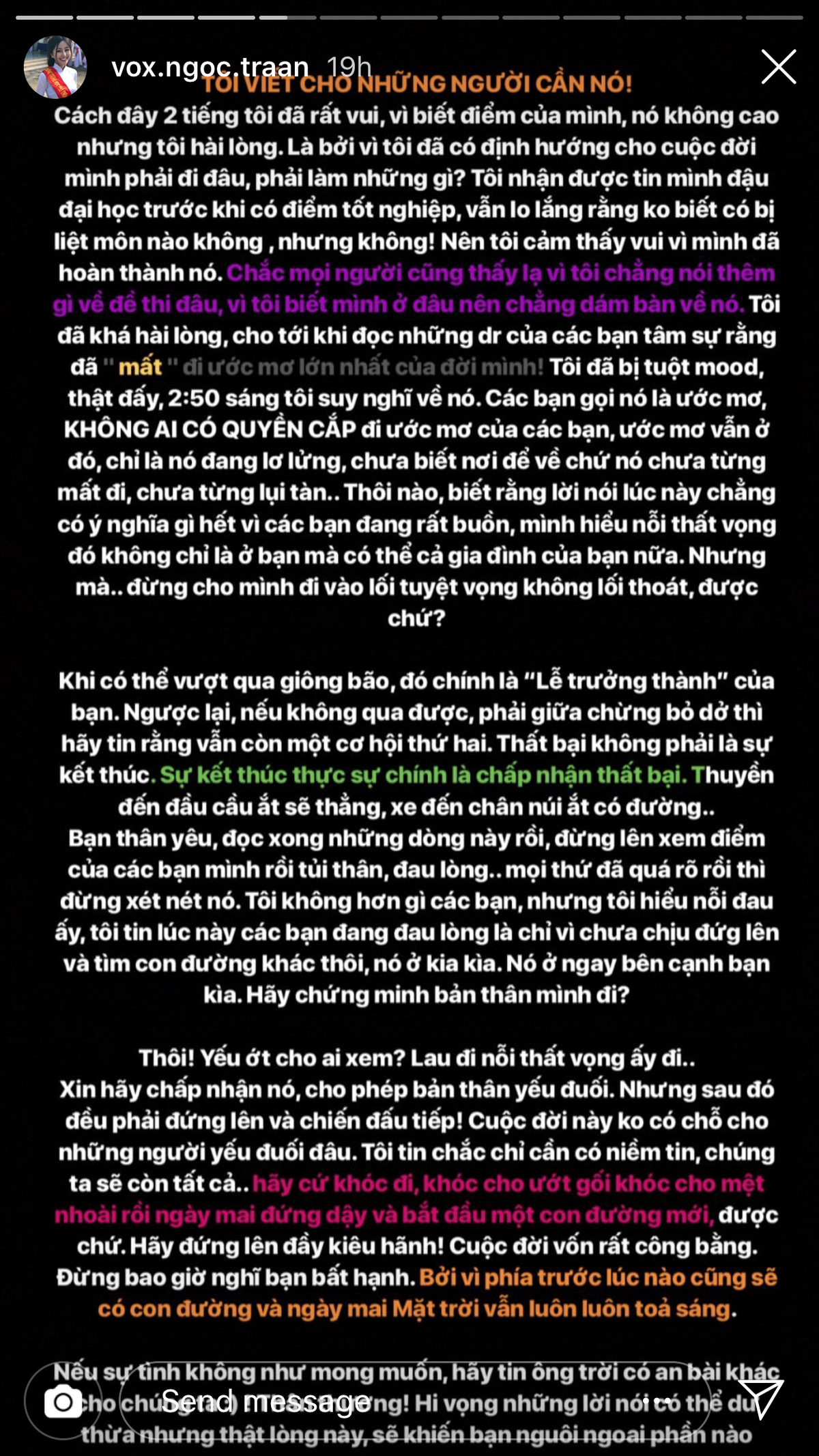 Đứng trước ý kiến trái chiều về điểm thi THPT QG 2019 của mình, trên trang cá nhân, Võ Ngọc Trân cũng có chia sẻ việc điểm thi của mình không được cao, nhưng cô nàng hài lòng về nó vì bản thân đã có định hướng riêng rồi.