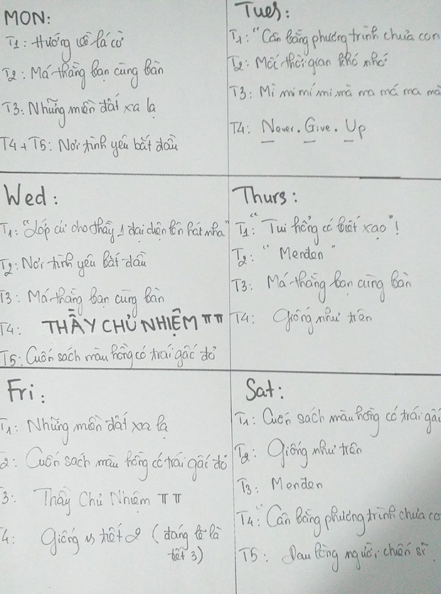 Trong đó cô học sinh cấp hai đã ví von, ẩn dụ hóa các môn học thành những câu hài hước, quen thuộc với ngôn từ của các bạn học sinh như: Hack não sương sương, không tương lai, mệt cổ họng, đau tim tập thể,..