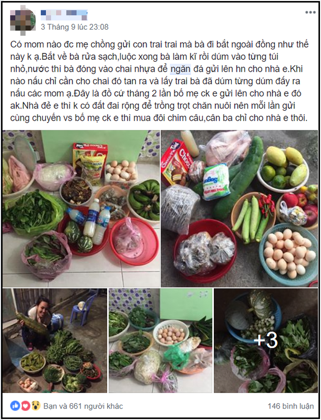 Cụ thể, facebook N.T đã chia sẻ câu chuyện về những thức quà quê mẹ chồng gói ghém lên cho khiến ai cũng xuýt xoa, ghen tị. Ngay lập tức được dân mạng phong danh hiệu "mẹ chồng của năm".