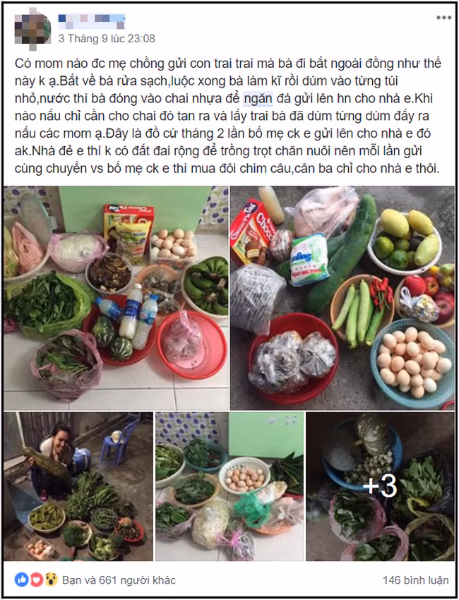 Cụ thể, facebook N.T đã chia sẻ câu chuyện về những thức quà quê mẹ chồng gói ghém lên cho khiến ai cũng xuýt xoa, ghen tị. Ngay lập tức được dân mạng phong danh hiệu "mẹ chồng của năm".