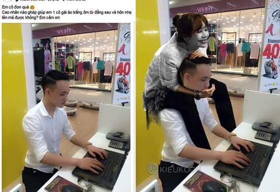 "Cao nhân nào ghép giúp em một cô gái áo trắng ôm từ đằng sau và hôn nhẹ lên má được không", cô gái áo trắng ôm từ đằng sau nhưng hình hài thì không giống người cho lắm.