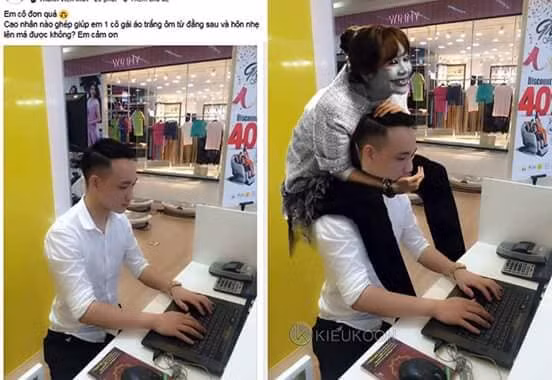 "Cao nhân nào ghép giúp em một cô gái áo trắng ôm từ đằng sau và hôn nhẹ lên má được không", cô gái áo trắng ôm từ đằng sau nhưng hình hài thì không giống người cho lắm.