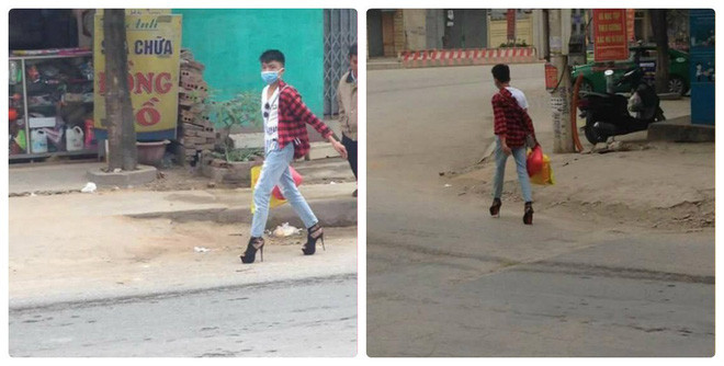 Hình ảnh một chàng trai đi cao gót trên phố.