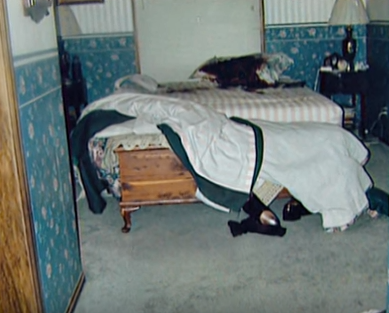 Giường mà Sandra ngủ trước khi chết. David kể rằng anh ta và nạn nhân bất hòa nên không ngủ cùng nhau. Người phụ nữ nằm trong buồng ngủ, còn anh ta nằm ở ghế sofa tại phòng khách. 3 đứa con của họ xác nhận việc đó. Theo David, có thể Sandra tự sát vì trầm cảm.