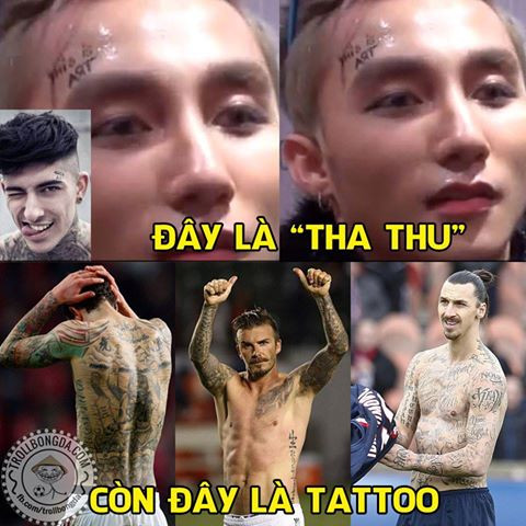 Hình vẽ lên mặt của ca sĩ Sơn Tùng M-TP được anh gọi là "tha thu" thì những cầu thủ nghiện xăm như Beckham hay Ibrahimovic sẽ gọi đó là Tattoo.