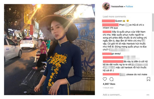 Cụ thể, nữ thực tập sinh của ca sĩ nổi tiếng Hàn Quốc là T.O.P đã cho đăng tải trên trang cá nhân hình ảnh mặc áo dài, đội nón lá và hút thuốc trên trang cá nhân. Những hình ảnh này được chụp tại Hà Nội trong những ngày đến Việt Nam du lịch.