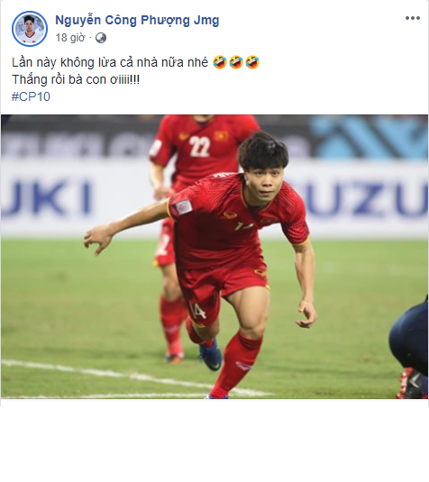 Chủ nhân của bàn thắng thứ hai của đội tuyển Việt Nam là Công Phượng đã chia sẻ vui rằng "Lần này không lừa cả nhà rồi nhé".