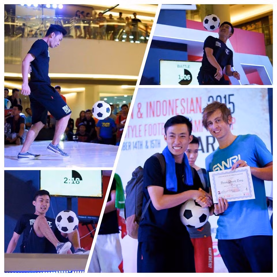Thanh Tùng trong một giải giao lưu tâng bóng nghệ thuật cọ xát với những đối thủ tại nước ngoài.