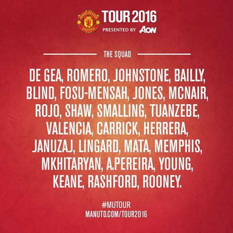 Danh sách cụ thể 25 cầu thủ của Manchester United cho tour du đấu thế giới. Trận đấu đầu tiên của Quỷ đỏ tại ICC cúp sẽ là cuộc đối đầu với Dortmund vào ngày 22/7/2016, sau đó 2 ngày là cuộc đối đầu với Manchester City.