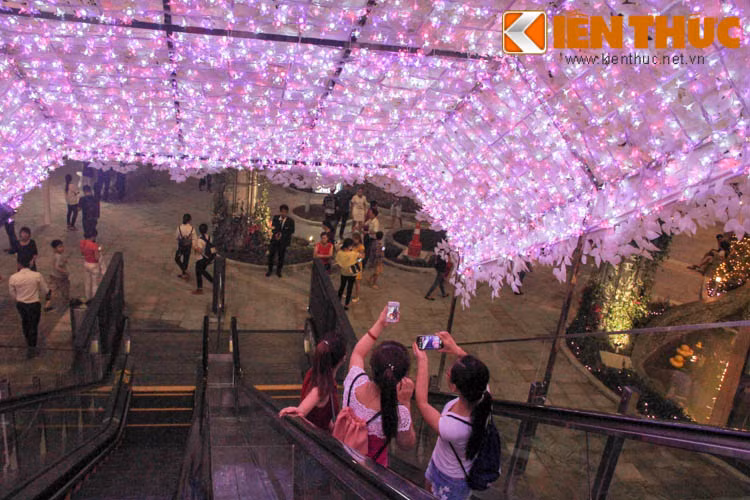 Thang cuốn ngoài trời được trang trí mái che với rất nhiều bóng đèn, được nhiều bạn trẻ gọi đùa là "thang cuốn ra vũ trụ".