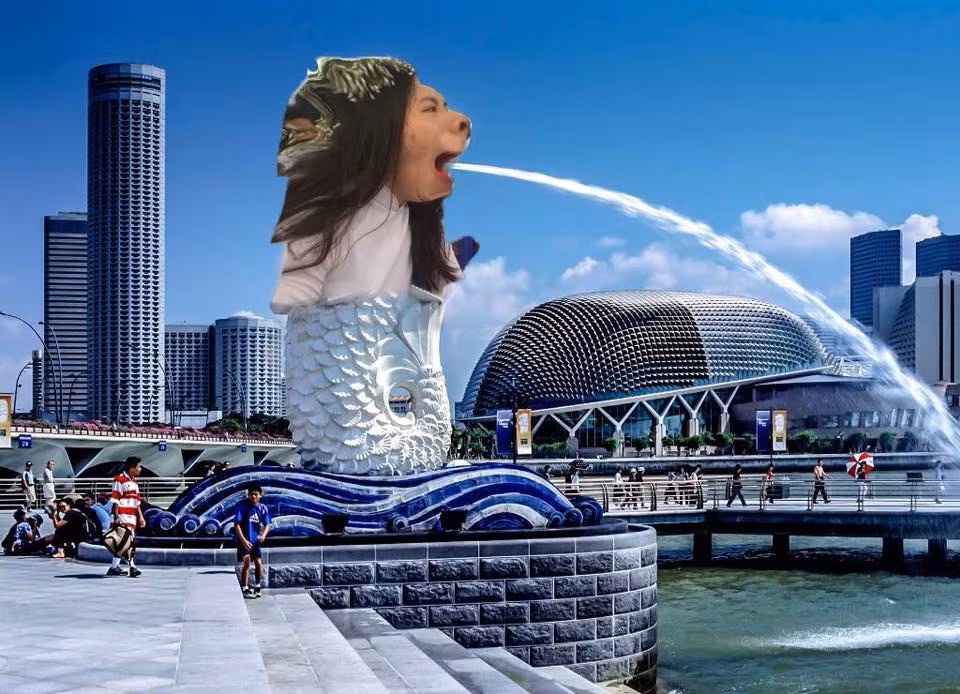 Khi tượng hải sư, biểu tượng của Singapore được chuyển thành mặt nữ sinh đang ngáp.