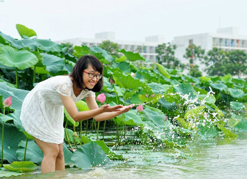 Các bạn trẻ có thể tự chèo thuyền để hít hà hương thơm dịu nhẹ, tươi mát của hoa sen.