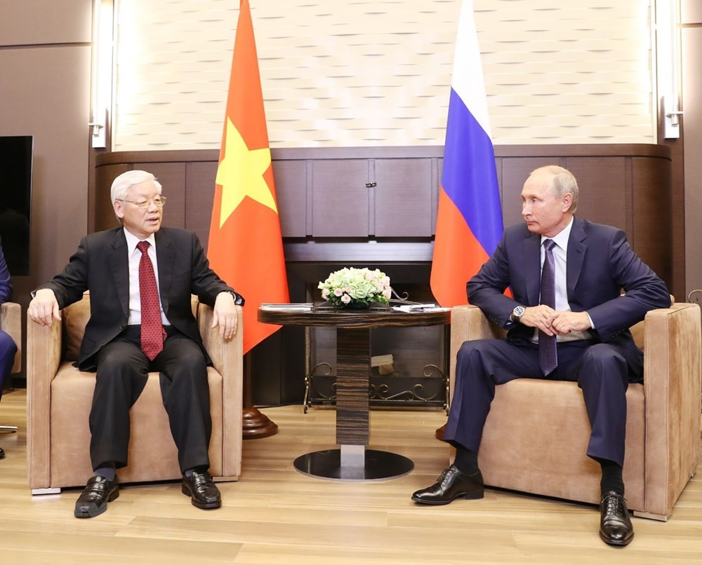 Tổng Bí thư Nguyễn Phú Trọng hội đàm với Tổng thống Liên bang Nga Vladimir Putin. (Ảnh: Trí Dũng/TTXVN).