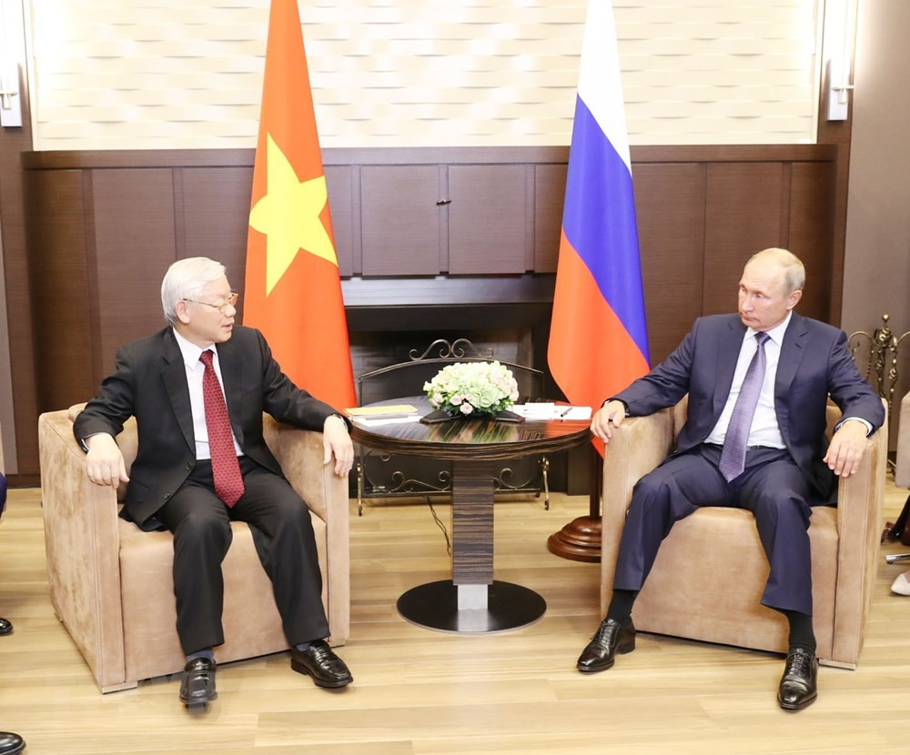 Tổng Bí thư Nguyễn Phú Trọng hội đàm với Tổng thống Liên bang Nga Vladimir Putin. (Ảnh: Trí Dũng/TTXVN).